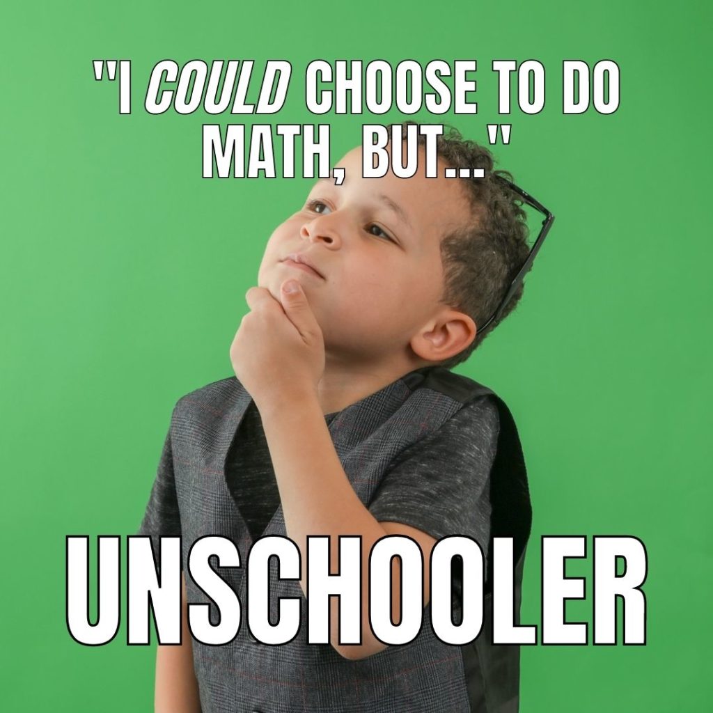 Meme about an unschooler doing math. I could choose to do math but...