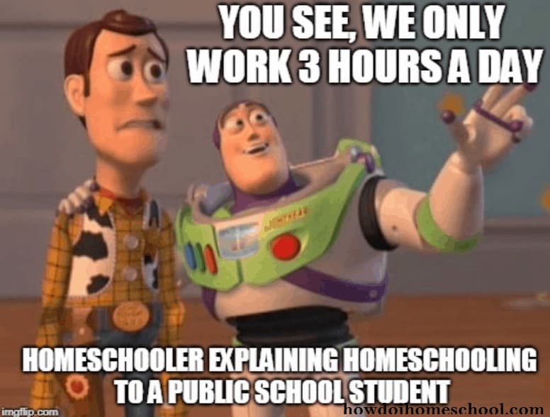 You see, we only work 3 hours a day. Home educated students explaining homeschooling to a public school student. #homeschoolmeme