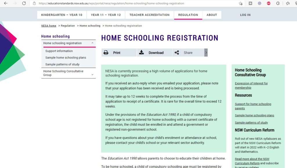 You can register for homeschooling in NSW on the NESA website.
