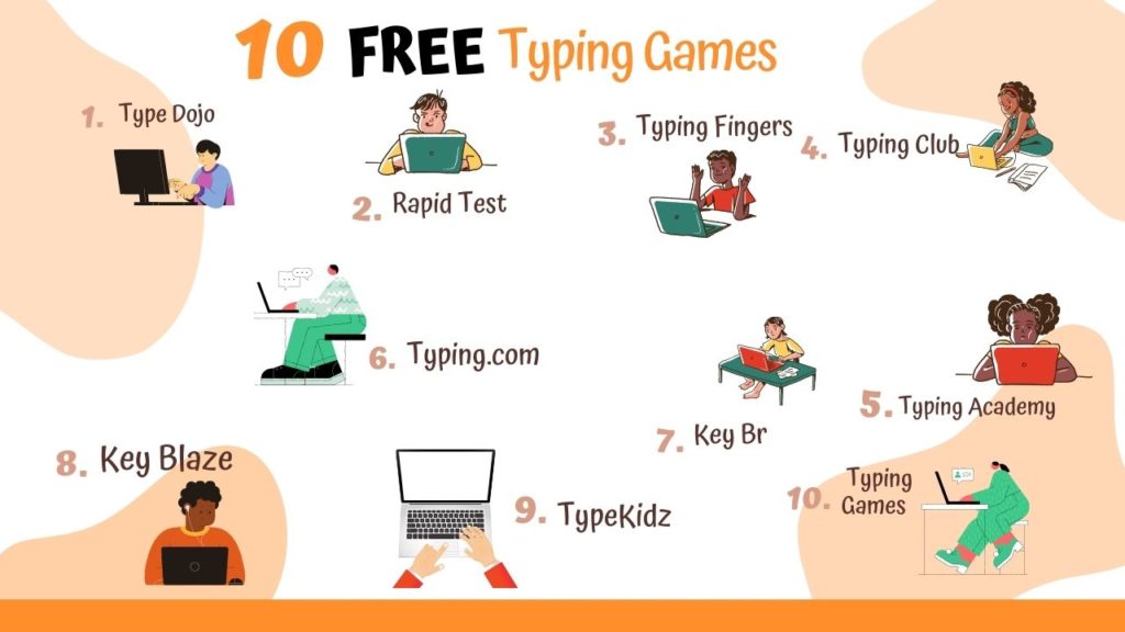 TypeDojo, TypeKidz, Typing.com (Typing Ninja or Keyboard Ninja), Rapid typing, Keyblaze (App with Free Typing Games for Windows), KeyBr, Typing Fingers (App with Free Typing Games for Mac), Typing Club (Spanish, French & German), Typing Academy, and Typing Games are all programs to teach typing practice for kids. 
