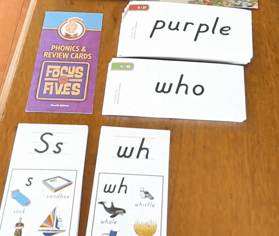 Phonics letter, sounds, and small word review cards by BJU Press Focus on Fives program.