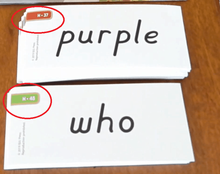 Small numbers indicating the difficulty of the word in this learn to read program.