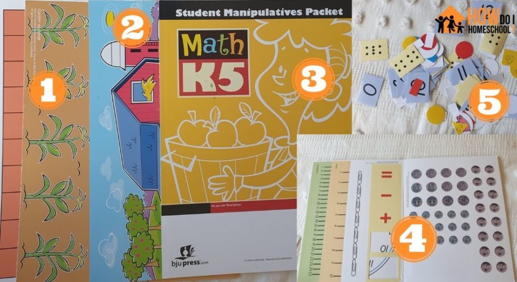 Full BJU Press K5 Math program including manipulatives packet, unifix cubes, workbook, video guide and student handouts.