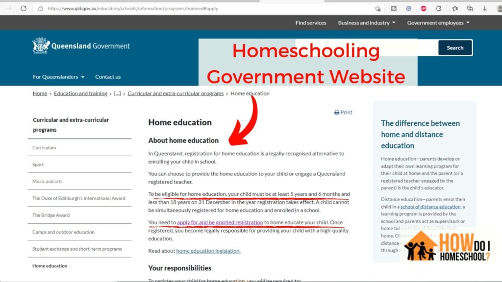 Homeschool Registration in Brisbane Government website.