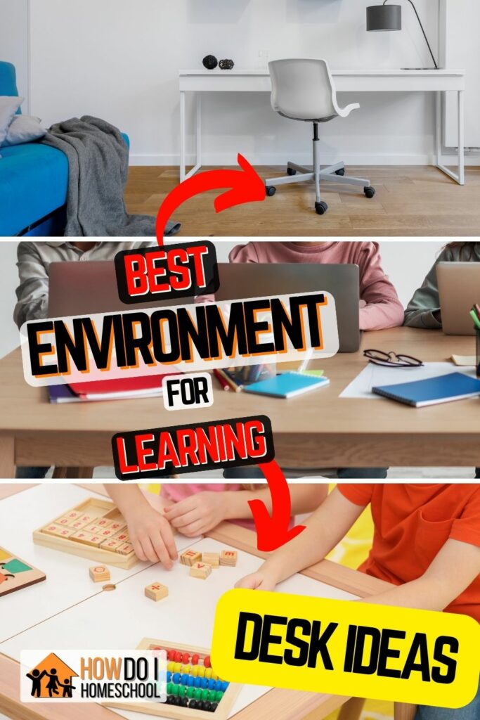 A conducive learning environment includes large desks for teens, communal desks for work projects (can be the dining room table), and smaller miniature versions for young children. Get more learning ideas here. 