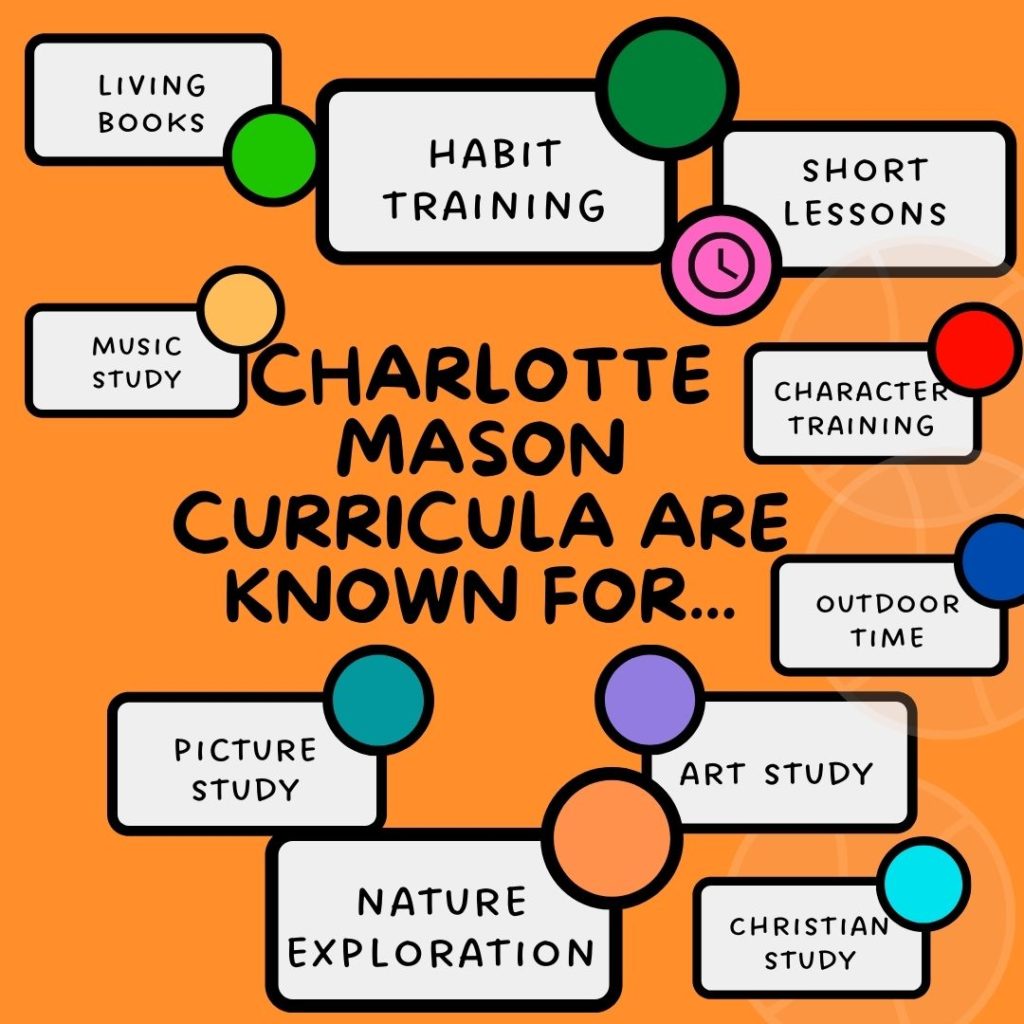Charlotte Mason curriculum are known for short lessons, living books, outdoor time, character training, art study, Christian study, nature exploration, picture study, music study and habit training.