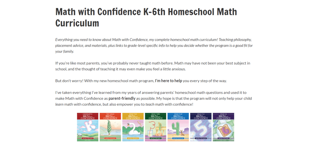 Math With Confidence webpage showing the curriculum they offer.