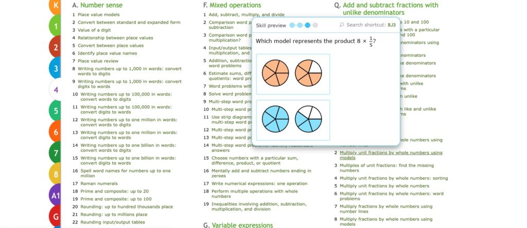 Screenshot of IXL Learning skill lists.