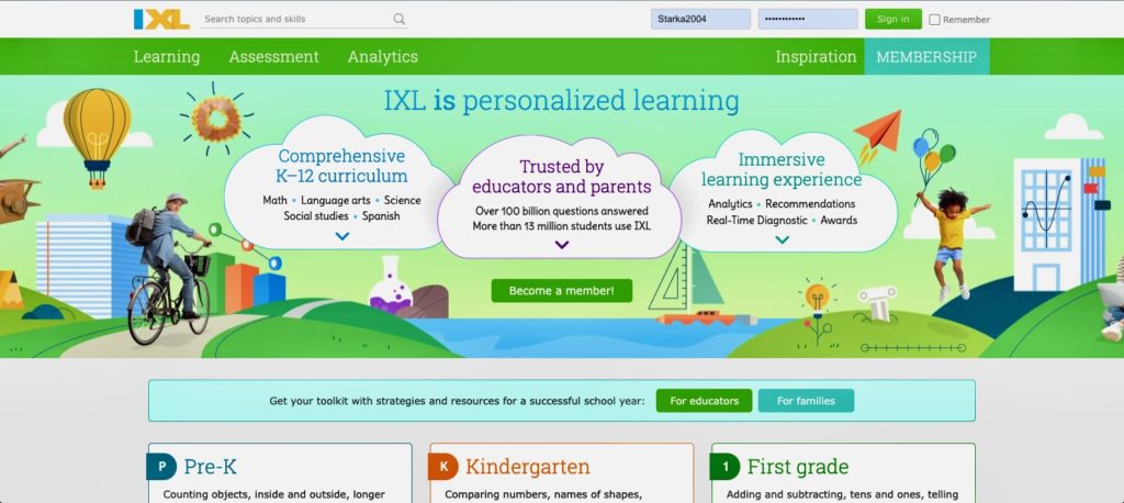 screenshot of IXL Learning webpage.