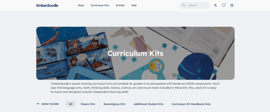 Timberdoodle webpage of curriculum kits.