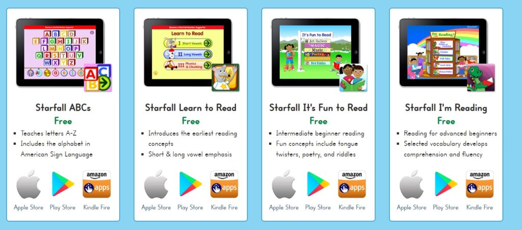Apps from Starfall which dont require internet access after initial download.