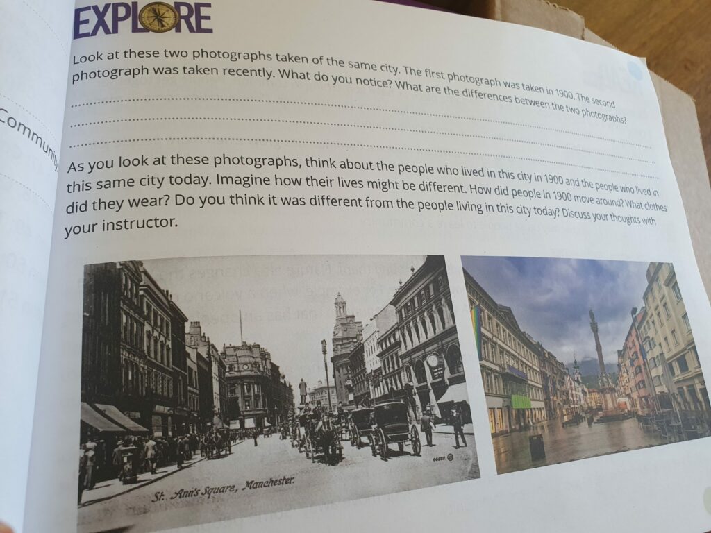 The Explore section from the textbook showing photographs from the old days and today.
