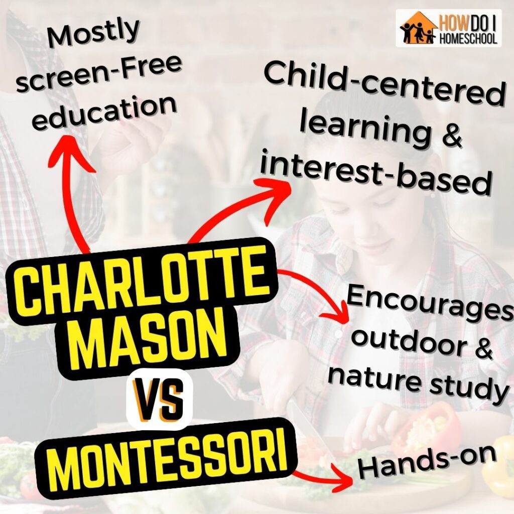 Charlotte Mason vs Montessori methods of education have lots of differences but some things in common such as screen-free learning, interest-based learning, nature and outdoor study and hands-on activities.