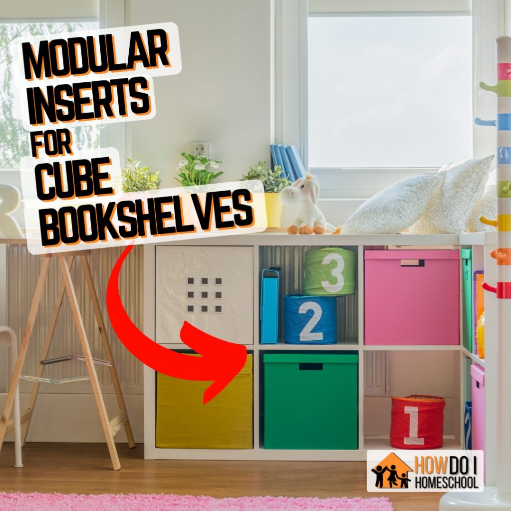 Modular bookshelf inserts are wonderful for storing all those nick-nacks! Check out more classroom and home learning ideas here. https://howdoihomeschool.com/homeschool-room-ideas-2/