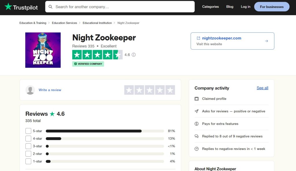 Trustpilot review of Night Zookeeper homeschool language arts is 4.7 out of 5 stars