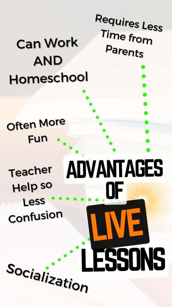 The advantages of LIVE Online Homeschool Classes are it needs less parent time, more teacher help, often more fun, less confusion, and parents can homeschool and work full-time.