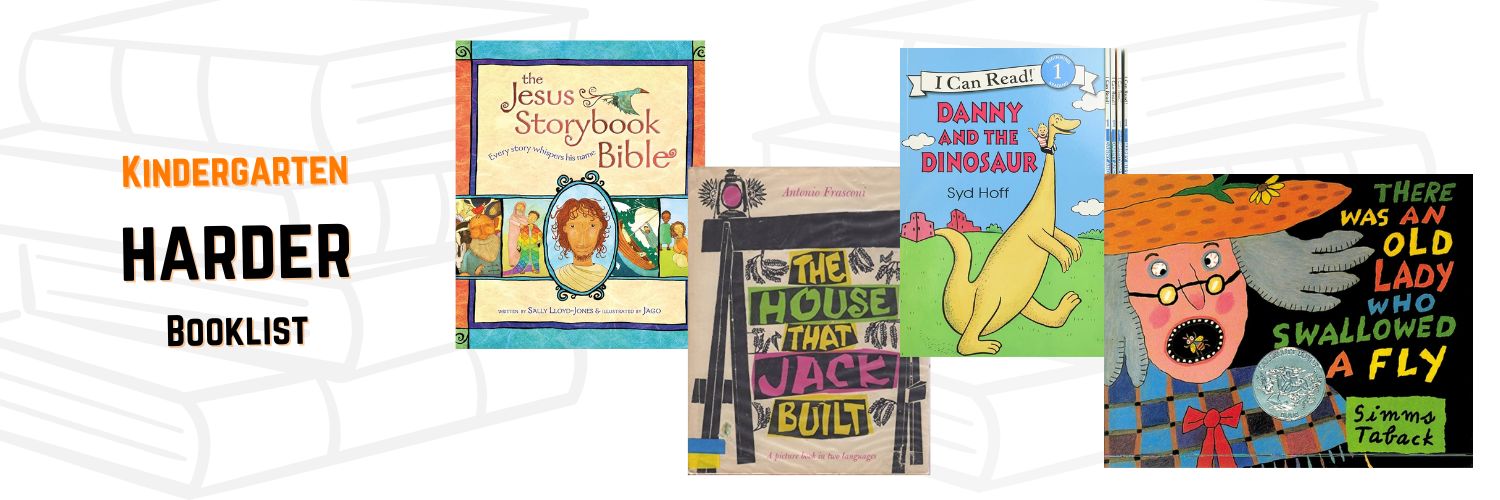 Homeschool 5 Year Old Booklist including The house that jack built, the jesus bible storybook, there was an old woman who swallowed a fly and more. 